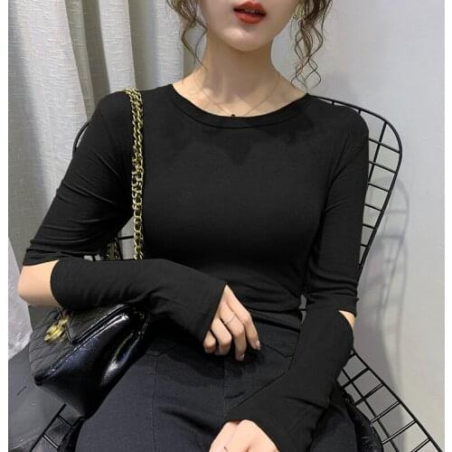 Black Cotton Tshirt Women 2021 Fashion Sexy Hollow O Neck Long Sleeve Slim Basic Korean Style T Shirt Female Woman Tops T-shirts