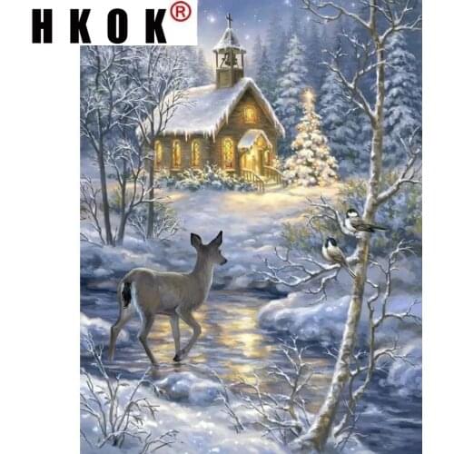 HKOK Diy 5D Diamond Painting Winter Snow Landscape Cross Stitch Round Drill Full Diamond Embroidery Rhinestones Mosaic Picture