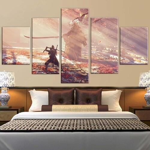 5 Piece HD Ninja Picture Painting Wolf Sekiro Shadows Die Twice Video Game Poster Wall Canvas for Bedroom Living Room Library Of