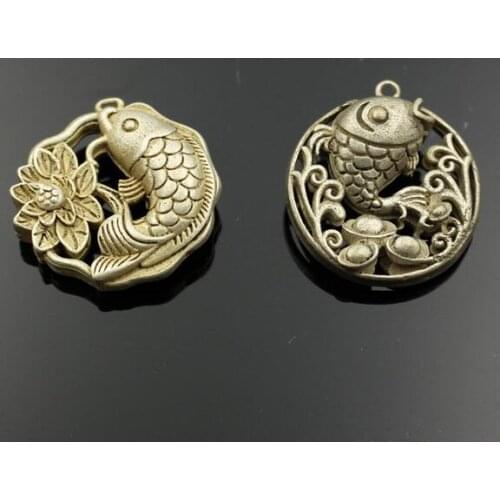 Chinese Brass Hollow-out Double-sided Carving Lotus Carp Fish Car Key Buckle Pendant Yuanbao Wealth Success Pendant Statue