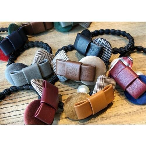 Korea New Fashion PU Bow Hair Accessories Contracted Temperament of Adults Rubber Elastic Hair Band