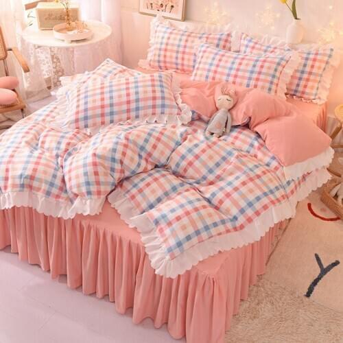 Korean Version Of Pink Girl Bedding Duvet Cover Small Flower Lattice Stripe Thick 4-piece Bed Skirt Bed Type