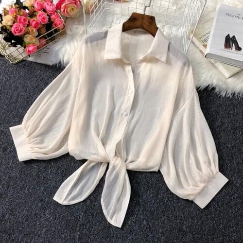 Lightweight Chiffon Women Shirts Summer New 2021 Bandage Lantern Sleeved Short Empired Elegant Office Lady Outwear Tops