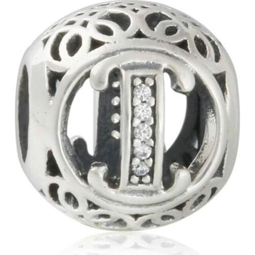 Summer 925-Sterling-Silver Vintage Alphabet Cubic Zirconia Letter I Openwork Charms Beads Fits Pandora bracelets jewelry