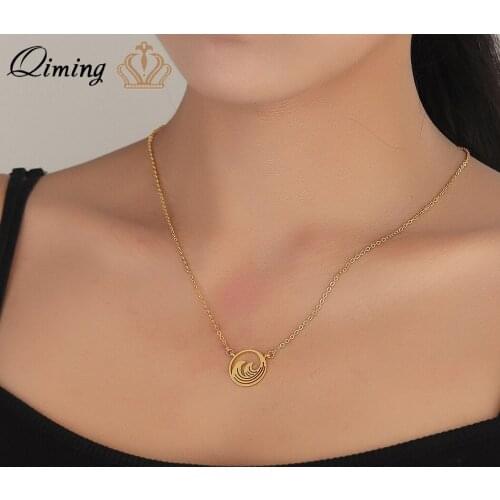 QIMING Minimalist Circle Ocean Wave Necklace Women Stainless Steel Jewelry Accessories Surf Pendents Necklaces Birthday Gift