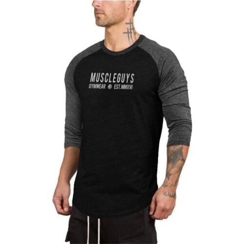 Muscleguys Spring Mens Fashion T Shirts Stretch Cotton Letters Print Brand Clothing Mans Seven-quarter Sleeve Slim Fit Tshirt