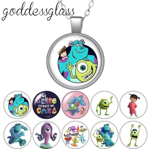 Disney Monsters inc Mike James Cute Round Glass glass cabochon silver plated/Crystal pendant necklace jewelry Gift