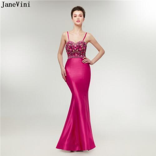 JaneVini Elegant Fuchsia Mermaid Bridesmaid Dresses Spaghetti Straps Embroidery Flower Pattern Beads Women Long Prom Party Dress