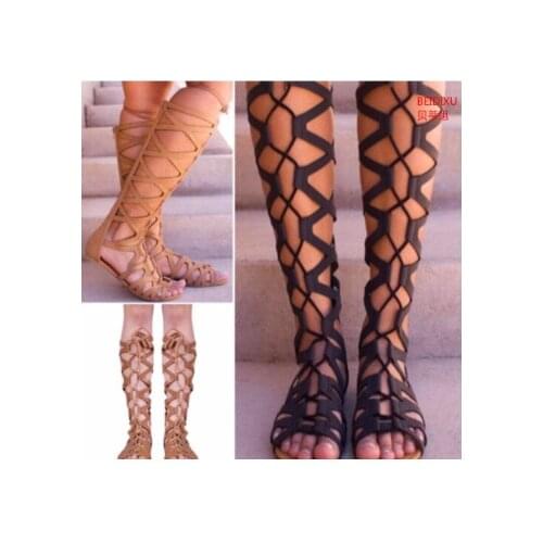 Roman Gladiator Bandage Sandals Women Knee High flat sandalias botas femininas Women Shoes Girls Summer hollow Ankle Boot hjm7
