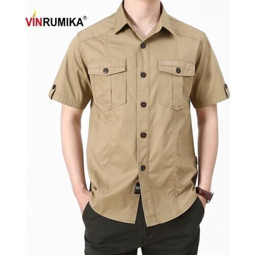 Large Size M-6XL 2020 Summer Mens Casual Army Green Short Sleeve Shirt Man 100% Cotton Khaki Loose Shirts Male Black Blue Tops