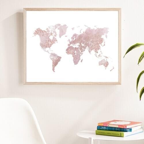 Blush Pink World Map Prints Canvas Poster Minimalist Wall Art Canvas Painting Picture Nordic Style Living Room Wall Decoration
