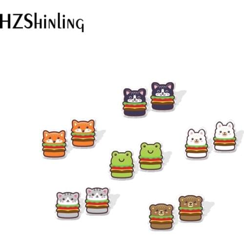 2021 New Kawaii Animal Burger Stud Earring Frog Hamburger Acrylic Resin Earrings Epoxy Handmade Jewelry Gifts Girl