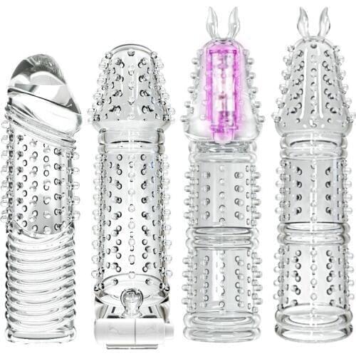 Silicone Reusable Condoms Time Delay Crystal Penis Rings Male Penis Extension Sleeves Cock Rings Adult Sex Toys For Men 5 Types