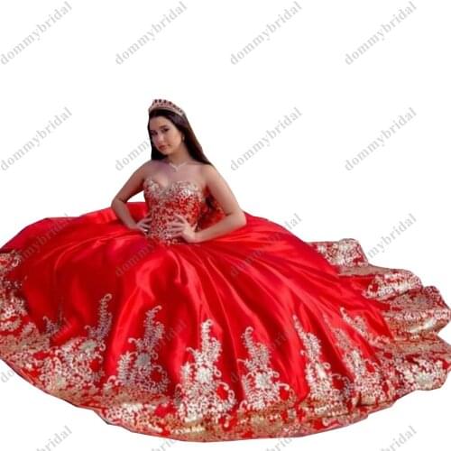 2021 Gorgeous Red and Gold Embroidery Cheap Mexican Quinceanera Prom Dress Charro Ball Gown Sweetheart Floor Length Lace