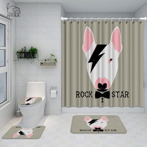 NYAA Dog Rockstar Bullterrier Bathroom Set Funny Portrait Of Animal Waterproof Shower Curtain Toilet Cover Mat Non Slip Rug
