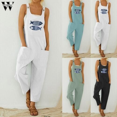 Womail Women jumpsuit Summer fish print cute Boho Sleeveless Overall Backless Loose Jumpsuit long Wide Leg Pant Playsuit Pocket