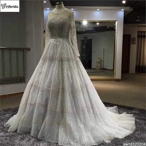New Arrived Customized Hand Sewing Pearls Wedding Dress A-line Long Royal Train Bridal Gown Boat Neck Backless Wedding dresses