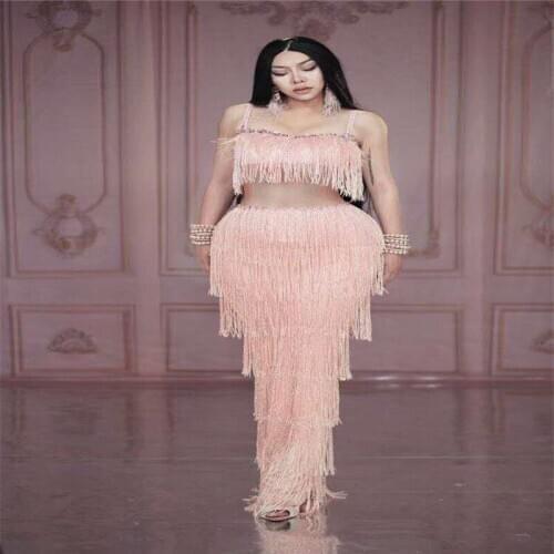 V92 Bar female show pink rhinestones evening dress crystal tassels sequins evening long dress diamonds women skirt party wears