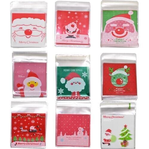 50Pcs 10x10cm Cute Cartoon Gift Bags Christmas Biscuits Cookie Packaging Self-adhesive Plastic Bags New Year Xmas Party Supplies