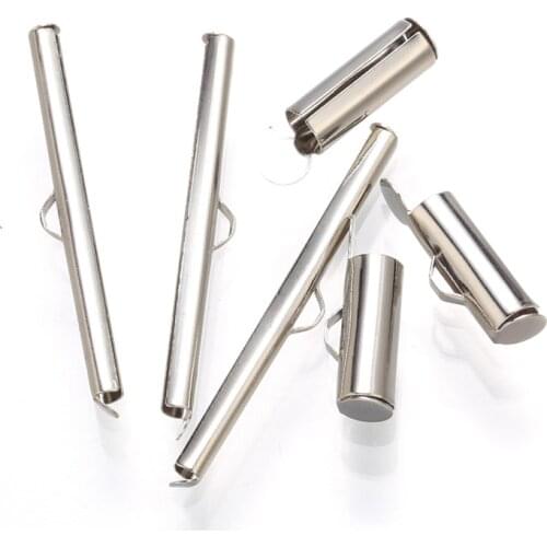 50pcs/lot rhodium straight Slide On End Clasp Tube Sliders End Caps Connector Clasps Buckles for Beadwork Cylinder