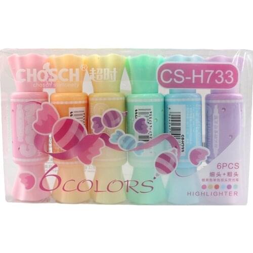 6 Colors Cute Fresh Candy Shape Dual Head Highlighter Kawaii Fluorescent Pen Pen Hook Color Brand Pen School Supplies