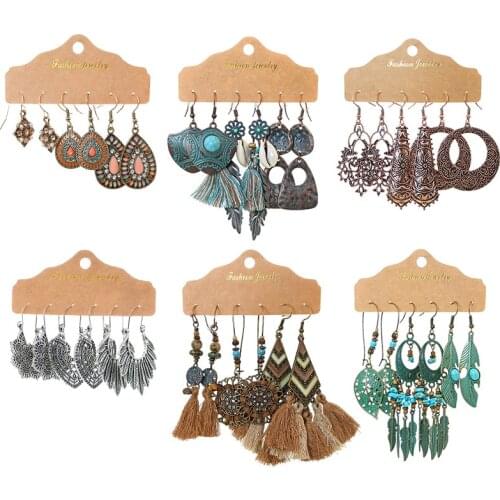 Antique Boho Ethnic Alloy Geometric Dangle Earrings Set For Women Gypsy Stone Beads Leaf Tassel Drop Earrings Indian Jewelry