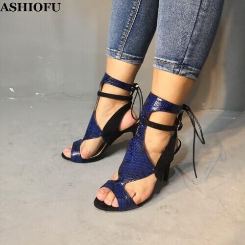 ASHIOFU Hot Style Real Photos Ladies High Heel Sandals Two-tones Slingback Party Prom Shoes Lace-up Evening Fashion Sandals