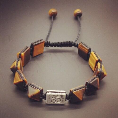 Kraft-beads Silver Plated OM 3D Symbol Connect Square Pyramid Natural Tiger Eye Stone Cord Bracelet