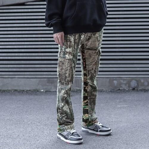 Camouflage Leopard Print Color Block Mens Cargo Pants Retro Pockets Straight Oversize Casual Overalls Loose Hip Hop Trousers