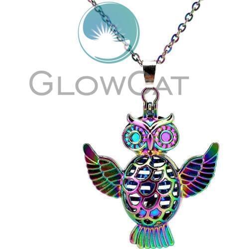 CC122 Rainbow Lucky Owl Bird Magnet Buckle Beads Cage Pendant Essential Oil Diffuser Oyster Pearl Cage Locket Necklace