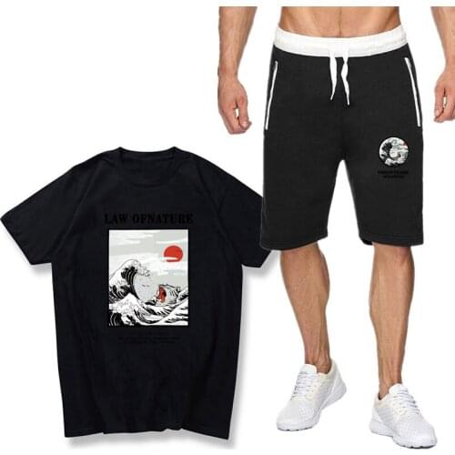 Men Summer Loose T Shirt tracksuit men Two Piece Set Casual Short Sleeveshort Tops And middle Shorts Japanese Funny Cat Wave tee