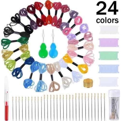 Imzay 24Color Embroidery Floss Cross Stitch Threads Large Eye Stitching Needles, Beading Needle Threaders, Cross Stitch Tool Kit
