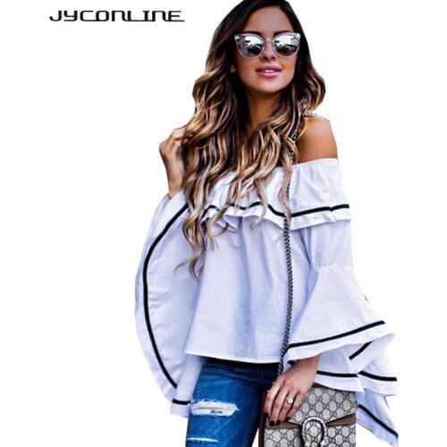 JYConline Sexy Off Shoulder Tops Ruffles Womens Blouses And Shirts Autumn 2017 Flare Sleeve Plus Size Shirts Women Tops Female