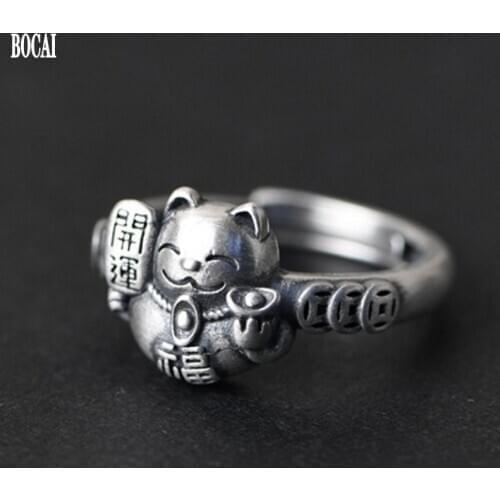 New 100% real Solid S925 pure silver jewelry vintage Thai silver ring female blessing good luck coin cat adjustable woman ring