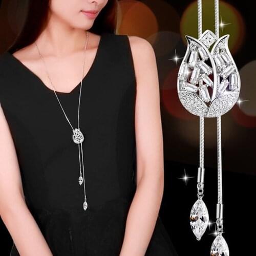 Creative Tulip Sweater Chain Crystal Long Adjustable Alloy Necklace for Women Jewelry Party Wedding Christmas Gifts Link Chain
