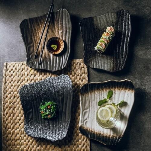 LingAo Creative Ceramic sushi plate Japanese style irregular flat plate black breakfast plate household dish dessert plate