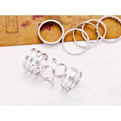 Creative Retro Fashion with Daily Simple Multi-layer Opening Cross Twist 8-piece Ring Set