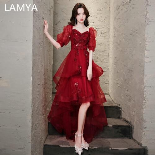 LAMYA Fahionabl Burgundy High Low Prom Dresses 2021 Banquet Front Back Long Tail Evening Dress With Half Sleev Party Formal Gown