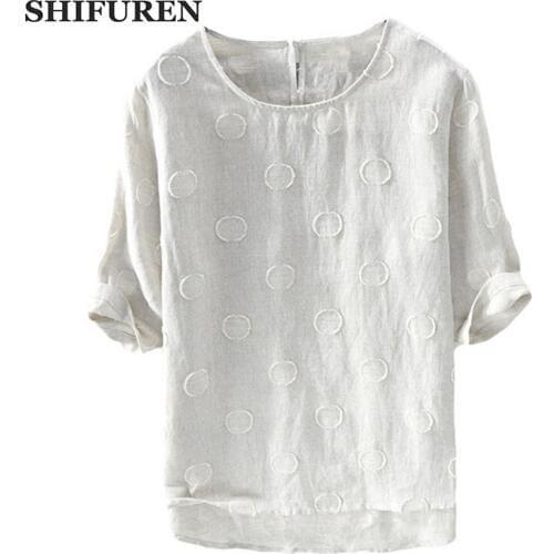 SHIFUREN Summer Breathable Cotton Linen Shirts Hlaf Sleeve Dots Jacquard Soft Causal Male Shirts Tops Solid Color Size M-XXL