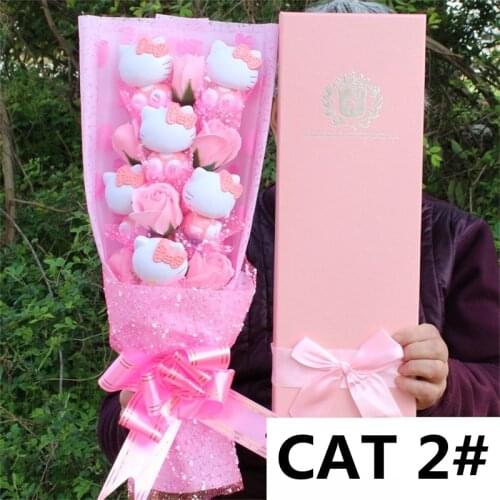 Hand Made Plastic Cute Cat With Artificial Soap Flowers Bouquet Gift Box Home Decoration Creative Valentine Graduation Gifts