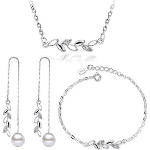 Simple 925 Sterling Silver Jewelry Sets Branch Leaves Zirconia Necklace+Earrings+Bracelet For Women Girl Gift