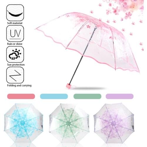 Folding Fully Half Automatic Transparent Umbrella Romantic Cherry Tree Printing Tri-folding Rain Sunshine Ladies Umbrella