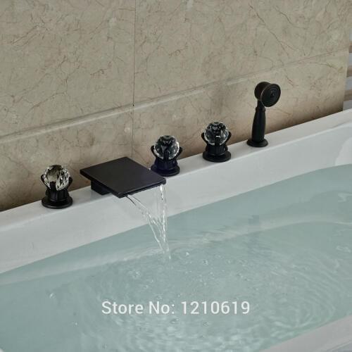 Newly Deck-mounted Shower Tub Faucet Set w/ Hand Shower Oil Rubbed Bronze Bathtub Mixer Faucet Crystal Handles