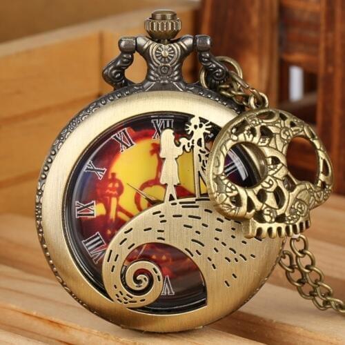 The Nightmare Before Christmas Quartz Pocket Watch Tim Burton Necklace Clock Jack Skellington Pendant Hour with Skull Accessory