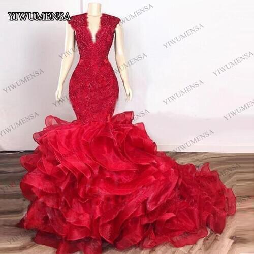 Dark Red Cascading Ruffles Mermaid Long Prom Dresses 2021 Lace Beaded Organza V-Neck Evening Gowns Party Dress Robes De Soirée