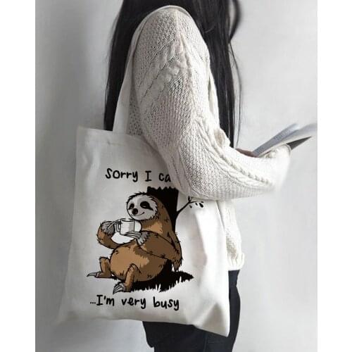 Sloth Print Shopping Bag Women Cartoon Tote Eco Handbag Tumblr Graphic Students College Style Simple Casual Shoulder Bags