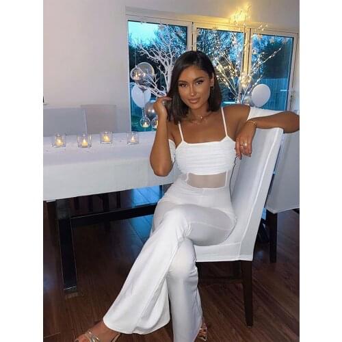 DEIVE TEGER New Womens Casual Spaghetti Strap Short Sleeve Backless Mesh Crop Top Long Pants Jumpsuit Elegant Party Clothing