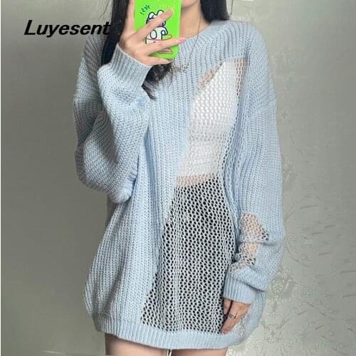 Light Blue Lady Sexy Irregular Pullover Sweater Autumn Y2k Girl Transparent Hollow Out Knit Thin Sweaters Korean Fashion Clothes