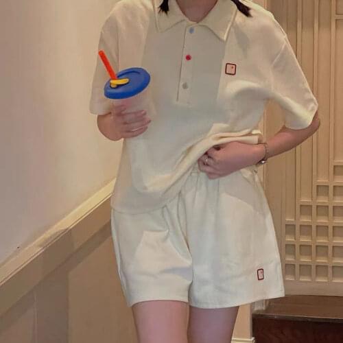 Ins Sportswear Suit Female Spring and Summer Korean Loose Slim Polo Collar Short Sleeve Shirt + Casual Shorts Two-piece Suit