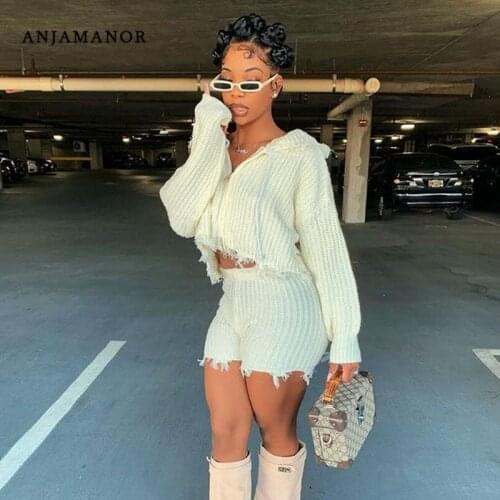 ANJAMANOR Cute 2 Piece Sets for Women Zip Up Hoodie Knitted Long Sleeve Cardigan Sweater and Shorts Sets Wholesale D73-FG38